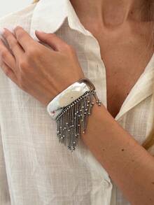 1件波西米亚几何串珠流苏亮面弹簧金属手镯，奢华休闲派对日常婚礼假日百搭魅力珠宝，女士礼物 - 手鐲 - 查看 4