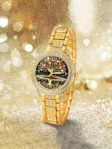 6件套奢华全钻女士黄金腕表套装，包含一款女士石英腕表、一条方形钻石手链、一条方形钻石项链、一枚全钻黄金戒指和一副方形钻石耳环。采用全金和钻石打造，风格奢华精致，尽显魅力。