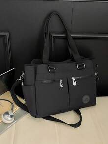 1pc Black Casual Minimalist Multi-Zipper Pocket Adjustable Shoulder Tote Bag, Large Capacity Foldable Shoulder Bag Suitable For Women's Work, Daily Life, Commuting, Social Gatherings, Outdoor Shopping, Travel, Can Be Used As Diaper Bag, Student Tutoring Bag, Mother's Day Gift, Fashion Item - Black - View 6