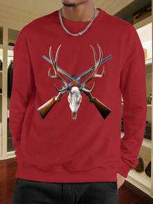 Sudadera Negra de Cuello Redondo para Hombre con Calavera de Ciervo y Rifles Cruzados - Ropa Casual al Aire Libre con Temática de Caza - Rojo - Ver 1