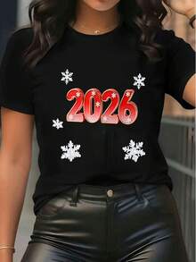 Tricou cu imprimeu de fulgi de zăpadă de Anul Nou 2026, tricou casual pentru femei, cu mânecă scurtă, guler rotund, pentru petreceri de sărbători și purtare zilnică, tricouri grafice - Negru - Vizualizare 6