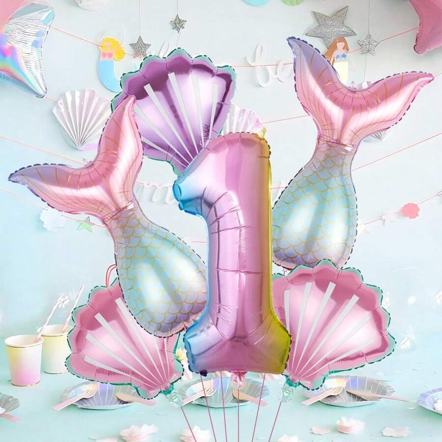 6 قطع مجموعة أرقام بموضوع الحورية، تشمل ذيل الحورية والأرقام من 0 إلى 9 وأصداف وردية وبنفسجية، مناسبة لعيد ميلاد الأطفال وحفلات الأصدقاء وحفلات بموضوع الحورية والمحيط، إكسسوار للتصوير الداخلي والخارجي - متعدد الألوان - مشاهدة 1