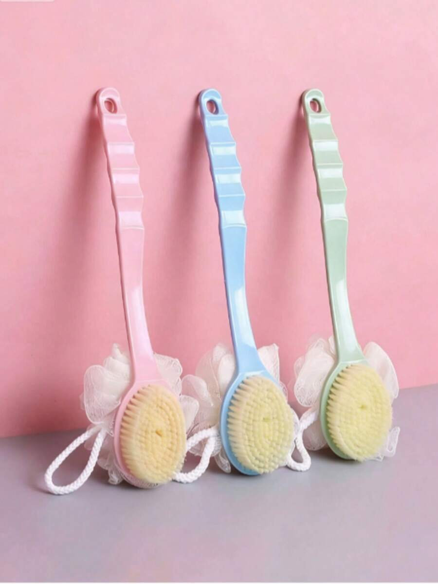 1pc Soft Plush Massage Back Scrubber, Bath Brush, Home Back Cleaning Brush, Includes Bath Flower Soft Bristle Cleansing Brush, Hanging Bath Brush, Long Handle Back Cleaning Tool, Long Handle Bath Brush, Shower Back Brush, Exfoliating, Unisex, Pink/Blue Long Handle Bath Brush, Multi-Function Back Exfoliating And Shower Cleaning Brush Set, Bath Sponge - Multicolor - View 1