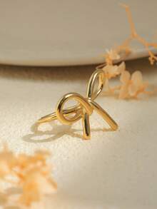 1pc Exquisite And Simple Stainless Steel Gold Bow Ring, Suitable For Girls, Fashionable Everyday Party Jewelry, Stylish Jewelry Gift. - Gold - View 4