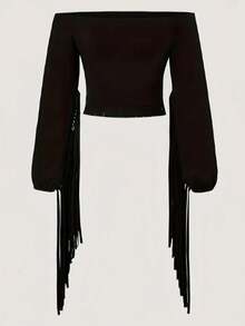 Women's Western Cowgirl Off-Shoulder Fringe Top, Sexy Slim Fitted Long Sleeve Tassel Blouse - màu xanh lá - Xem 6