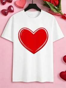 Camiseta blanca con estampado de corazón rojo, material de primera calidad, ajuste cómodo, aspecto informal, estampado llamativo. - Blanco - Ver 2