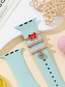 3pcs Bowknot Silver And Red Color Open Ring For Two Side Wear Watch Jewelry Apple Nail And Ring Loop Jewelry With I Watch Band 40mm 41mm 42mm 38mm 44mm 45mm 46mm 49mm, Soft Silicone Sport Bands With Decorative Compatible With Smart I Watch Charms For Series 10 9 8 7 6 5 4 3 2 1 SE For Women - As Shown - View 4