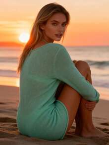 Ladies' Summer Beach Cover Dress, Featuring Solid Color, Long Sleeves, Round Neck, Loose Fit, Knitted, Transparent, Knee Length And Above. Lightweight And Soft, Gentle On The Skin, Breathable. Suitable For Vacation, Beach, Travel, Gatherings, Shopping, Lounge, Outdoor, Daily, Evening And Other Occasions. - 綠色 - 查看 6