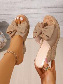 女士坡跟凉鞋，米色软木鞋跟，蝴蝶结装饰，露趾夏季凉鞋 2026 - 卡其色 - 查看 6