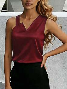 Women's Asymmetrical V-Neck Sleeveless Casual Elegant Commuting Holiday Date Office Home Top, Spring/Summer - Burgundy - View 2