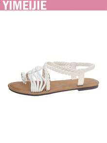 Neue Damen Flache Sandalen, Mode Strand Sandalen, einfarbige Strand PU Leder Gewebte Damen Flache Sandalen, Gewebte Sandalen, Strand, Frühling/Sommer - Weiss - Übersicht 7