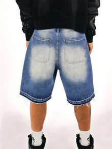 SYD205 Distressed American Streetwear Denim Capri Shorts, Faded Dark Blue Relaxed Straight Leg 5-Inch Inseam, Ripped & Frayed Hem, Y2K Summer Streetwear - Blue - View 2