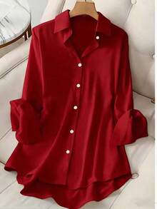 Áo sơ mi nữ cỡ lớn kiểu dáng thường ngày, được làm từ chất vải mềm mại, thoải mái với độ co giãn nhẹ, dáng rộng, thích hợp mặc vào mùa xuân/hè hoặc mặc nhiều lớp, cũng phù hợp cho mặc hàng ngày, đi làm, đi du lịch và nghỉ mát. - Đỏ - Xem 2