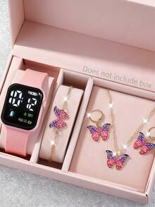 Conjunto de 5 peças para menina: relógio elegante rosa e joias com borboleta - relógio digital com pulseira de silicone rosa, colar, pulseira e brincos combinando. Versátil para uso diário, presente perfeito para ela (presente de Natal). Sem caixa. Tamanho único. - Rosa - Ver 2