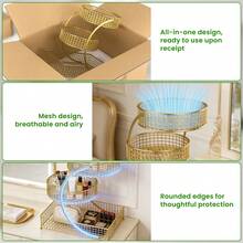 1 Piece 3 Tier Round Metal Storage Rack - No Assembly Required, Polished Surface, Multi-Tier Metal Cosmetic Organizer Modern Storage Rack For Skincare Products Lipstick Bathroom Countertops No Tools Required, Fruit And Vegetable Basket, Kitchen Storage Solutions | Fashion Organizer | Mesh Design, Kitchen Organizer And Storage Home Daily Perfect Gift - Vàng - Xem 5