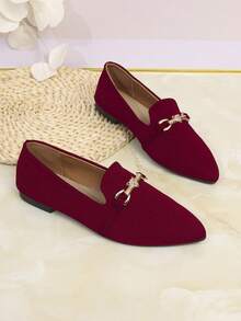 Women's Fashionable & Comfortable Burgundy Pointed Toe Loafers With Metallic Leopard Head Decor, Elegant Flat Shoes - Burgundy - View 5