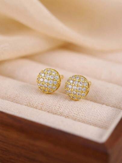 1 Pair Fashionable Versatile Luxury Full Zirconia 3D Round Stud Earrings, Suitable For Children, Girls, Family, Friends, Classmates, Parties, Banquets, Holidays, Dates, Summer Beach Vacations, And Daily Wear, All Seasons