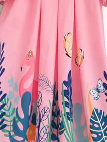 Young Girls Summer New Peter Pan Collar Bow Ruffle Cartoon Animal & Plant Print Casual Dress - Pink - View 10