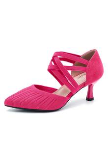 MAIERNISI JESSI Women's Low Kitten Heels Knit Pumps Elastic Crisscross Ankle Strap Slip On Dress Shoes - 玫紅色 - 查看 17