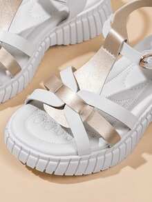 女童罗马凉鞋，新款夏季时尚厚底中跟绑带凉鞋，百搭仙女风女童夏季透气休闲厚底魔术贴软底凉鞋 - 白色 - 查看 6