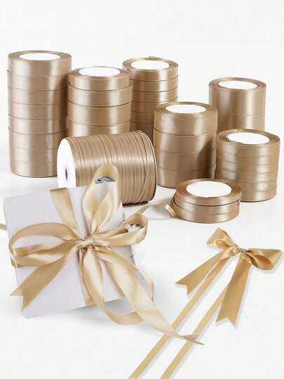 25 Yards/Roll Champagne Gold Satin Ribbon, For Gift Wrapping, Decoration, Gift Boxes, DIY Crafts, Wedding Bouquets, Garlands, Valentine's Day Sewing Supplies