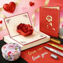 1张3D玫瑰贺卡，情人节礼物 - 浪漫手工周年纪念卡，送给妻子、女友、她 - “我爱你”生日卡，附信封 - 彩色 - 查看 6