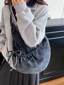 Túi đeo vai vải bố màu xanh lam kiểu Nhật Bản, túi đeo chéo thời trang có khóa kéo và nơ xếp ly, túi xách gấp gọn hình lưỡi liềm thích hợp đi học/đi làm/đi làm hàng ngày. - Nhiều màu - Xem 9