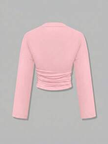 New Stylish Solid Color Ruffle Trim Elegant Long Sleeve Round Neck Blouse, Suitable For Vacation, Date, School, Travel, And Daily Wear Pink Spring - Pink - View 7