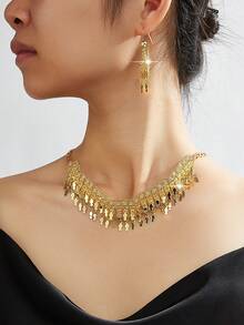 18K Gold Plated Vintage Elegant Square Design Necklace For Women, High-End Copper Alloy Fashion Necklace, Suitable For Nigeria, Dubai, Middle East, Saudi Arabia, Bridal Wedding, Daily Wear, Anniversary Gift, Halloween Gift - PXLEH-258 - View 3