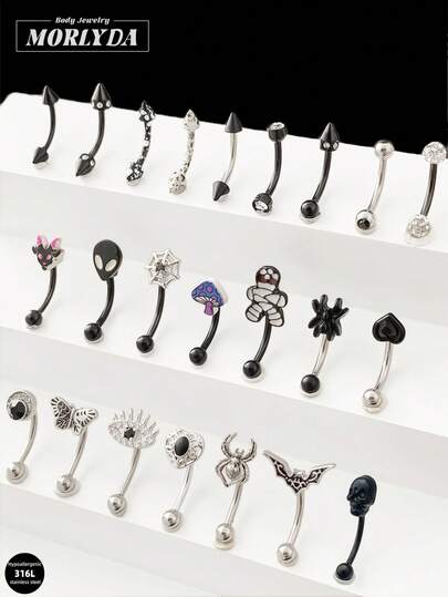 4pcs/Set Punk Goth 16g Eyebrow Ring Cross Spider Ghost Curved Barbell Cartilage Tragus Eyebrow Piercing Jewelry Mushroom Eye Labret Lip Jewelry Heart Devil Daith Tragus Rook Helix Earring Navel Small Belly Button Ring Eyebrow Lip Studs For Women Men Daily Party Wear