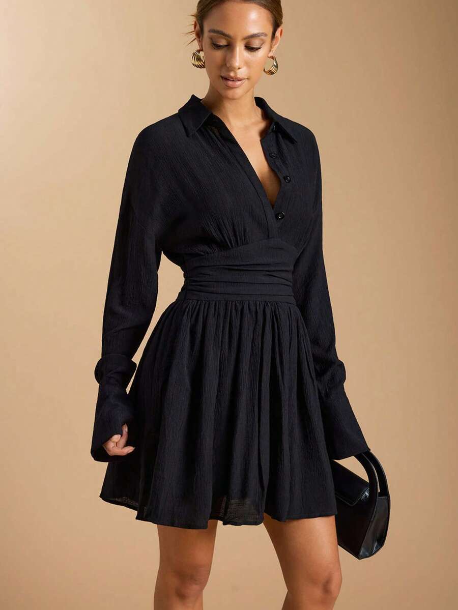 Women's Textured Pleated Flare Sleeve Casual Solid Color Shirt Dress - Black - View 1