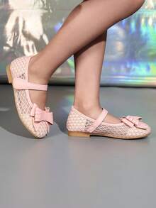 女童平底鞋，粉色网纱蝴蝶结装饰，适合搭配连衣裙、参加派对、公主主题场合，幼儿/儿童适用 - 粉色 - 查看 4