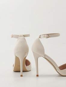 Tacones altos con punta estilizada y diseño calado, sandalias de tacón de aguja súper alto con punta puntiaguda y escote bajo para mujer - Albaricoque - Ver 3