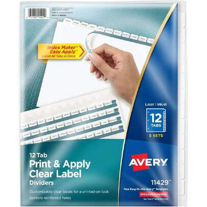 Index Maker Divisores de etiquetas transparentes, 12 pestañas, Blanco, 5 sets,38202534