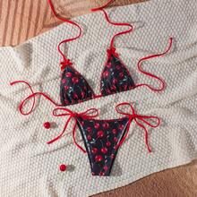 Bộ bikini gợi cảm buộc dây cổ, trang trí nơ, in hình quả anh đào, dành cho nữ, thích hợp mặc đi biển mùa hè. - Nhiều màu - Xem 3