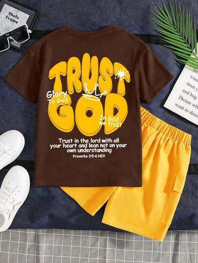 2pcs/Set Boys' Casual Letter Slogan Print Round Neck Short Sleeve T-Shirt + Cargo Pants Outfit, Comfortable Leisure, New Summer Collection