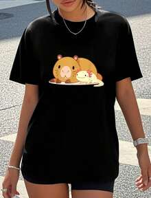 Animal Theme Capybara And Axolotl Print Crew Neck T-Shirt Sweatshirt Casual Wear Tops Plus Size Clothes Business Casual Y2k Design Details Short Sleeve Cute Garment Style Suitable For All Seasons Wash With Like Co - màu đen - Xem 1