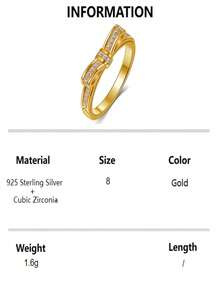 1pc S925 Sterling Silver Bowknot Cubic Zirconia Plated Gold Ring, Fashion Minimalist Jewelry Gift For Women, Mothers, Girlfriends, Friends, Versatile Daily Wear - Gold - View 15