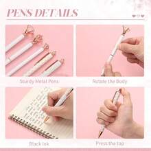 5支/套白色圆珠笔套装，金属水晶钻石书写工具，适用于签名、商务、办公、婚礼及文具礼品 - 白色 - 查看 4