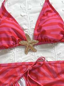 2026新款性感三件套比基尼泳衣，星形装饰，挂脖设计，亮丽色彩，海滩度假必备 - 彩色 - 查看 9