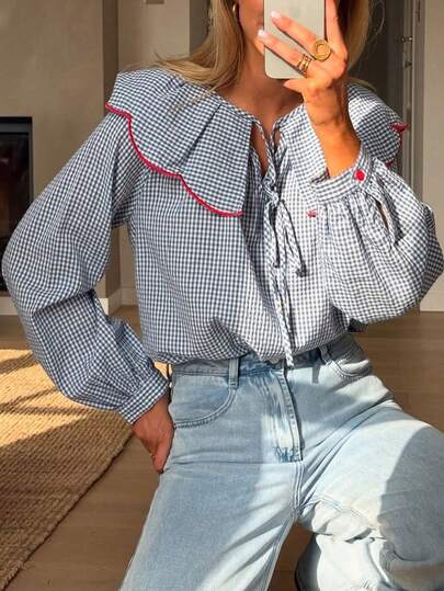 Vusalt Women's Spring Fashion Commuter Vintage Casual Blue & White Plaid Lapel Ruffle Peter Pan Collar Long Sleeve Blouse, Suitable For Outings, Summer Vacation, Daily Commute, Office Wear, Back To School, Valentine's Day