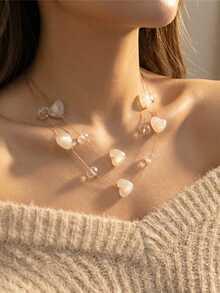 1pc Elegant Minimalist White Crystal Beaded Multi-Layer Heart Necklace, Suitable For Dates, Daily Wear, Gatherings, Parties, Great Gift For Friends, Girlfriends, Valentine's Day - White - View 1