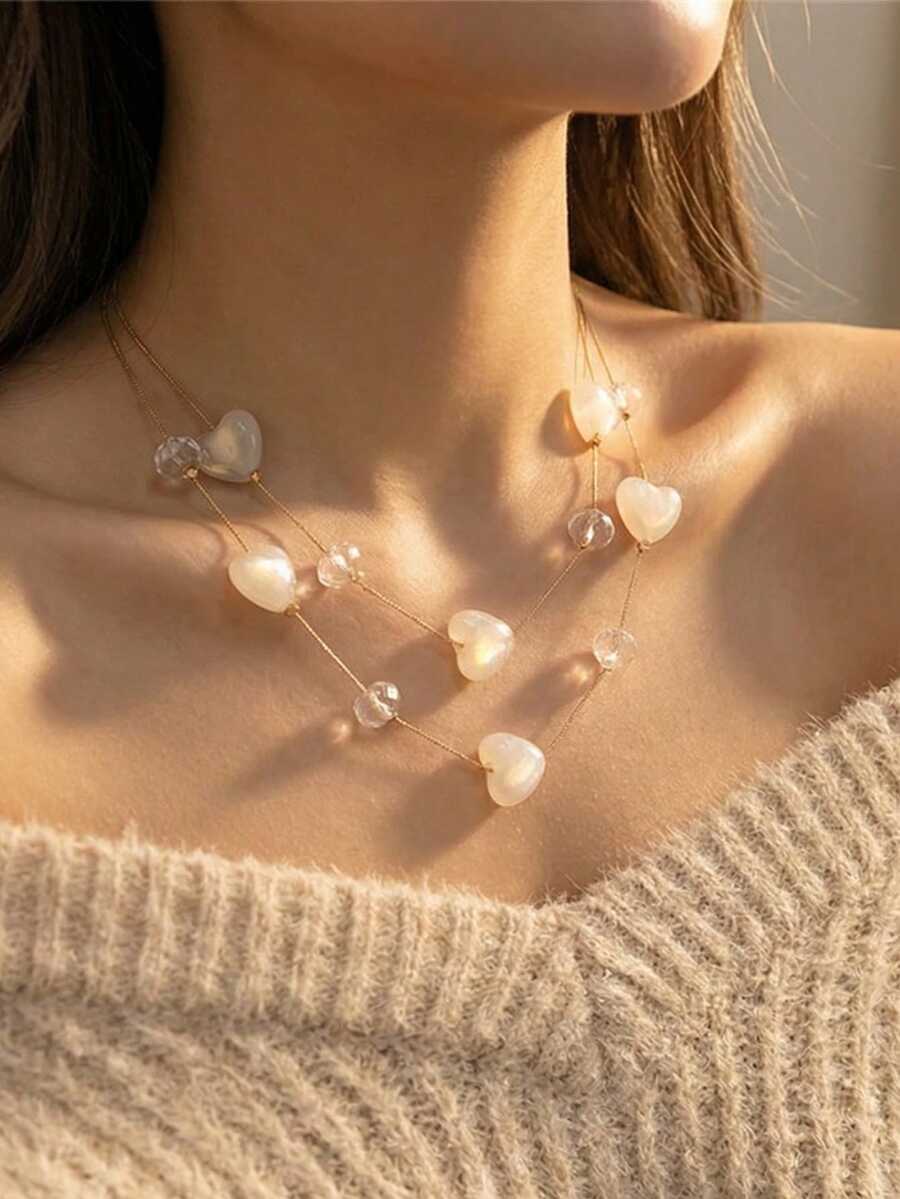 1pc Elegant Minimalist White Crystal Beaded Multi-Layer Heart Necklace, Suitable For Dates, Daily Wear, Gatherings, Parties, Great Gift For Friends, Girlfriends, Valentine's Day - White - View 1