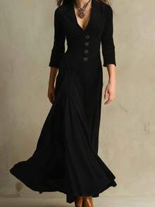 Vestido Largo de Manga 3/4 para Mujer Occidental, Cuello Solapa con Botones, Color Sólido, Cintura Ajustada - Estilo INS - Negro - Ver 3