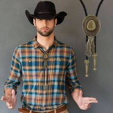 Bolo Tie Men Women Western Cowboy Tie Necklace Vintage Cowboy Hat Collar Neck Belt Leather Necktie Rodeo Bolo Ties Halloween Costume Accessories - initial - 查看 4