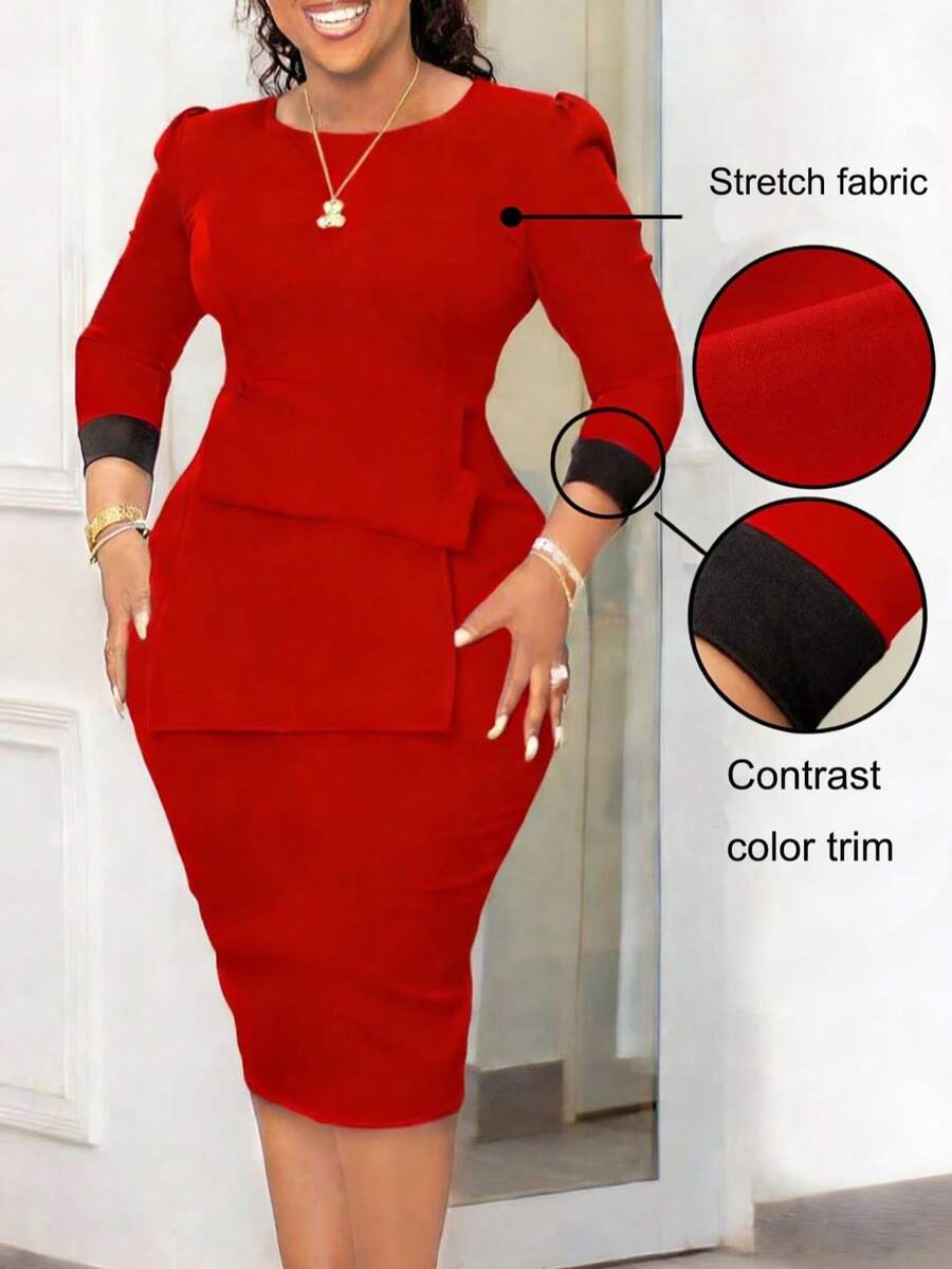 NOU 女士中长直筒袖连衣裙，优雅舒适，撞色袖口设计，适合职场、日常穿着，收腰设计，修身剪裁，不对称前片设计，弹力面料，舒适便捷，女士中长连衣裙，撞色设计，优雅别致，编织假口袋，女士中长连衣裙，适合职场、休闲日常、约会、办公室、春秋季等各种场合。 - 紅色 - 查看 1