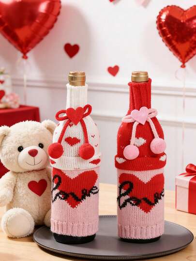 2pcs Valentine's Day Gnome Wine Bottle Cover, Valentine's Day Knitted Wine Bottle Sleeve, Swedish Gnome Wine Bottle Stopper, Pink Heart Bow Design, Pink Heart Nordic Style, Suitable For Home Decor, Valentine's Day, Wedding, Dining Table, Party Gifts