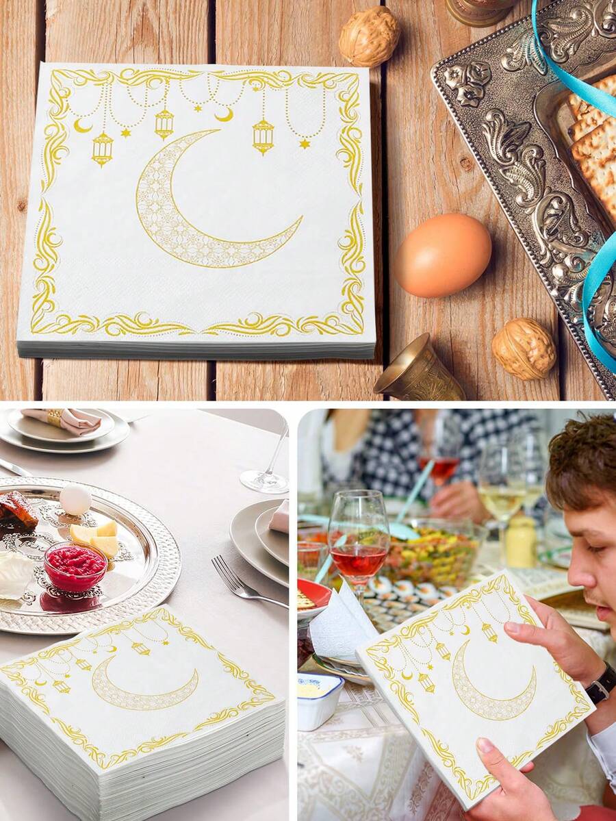 20/40pcs Ramadan Embroidered & Printed Disposable Paper Napkins, 13 Inches, Happy Ramadan, Suitable For Parties, Family Gatherings And Festive Nights, Moon And Star Pattern (Gold) - Multicolor - View 1