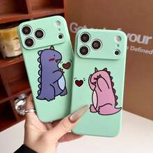 2个可爱卡通恐龙爱心图案软硅胶手机壳,防刮花,奢华喷漆工艺,防震,兼容 17 Pro Max、Galaxy 13 Pro Max、17,男女通用,送给家人、伴侣或情人节礼物 - 青碧色 - 查看 2