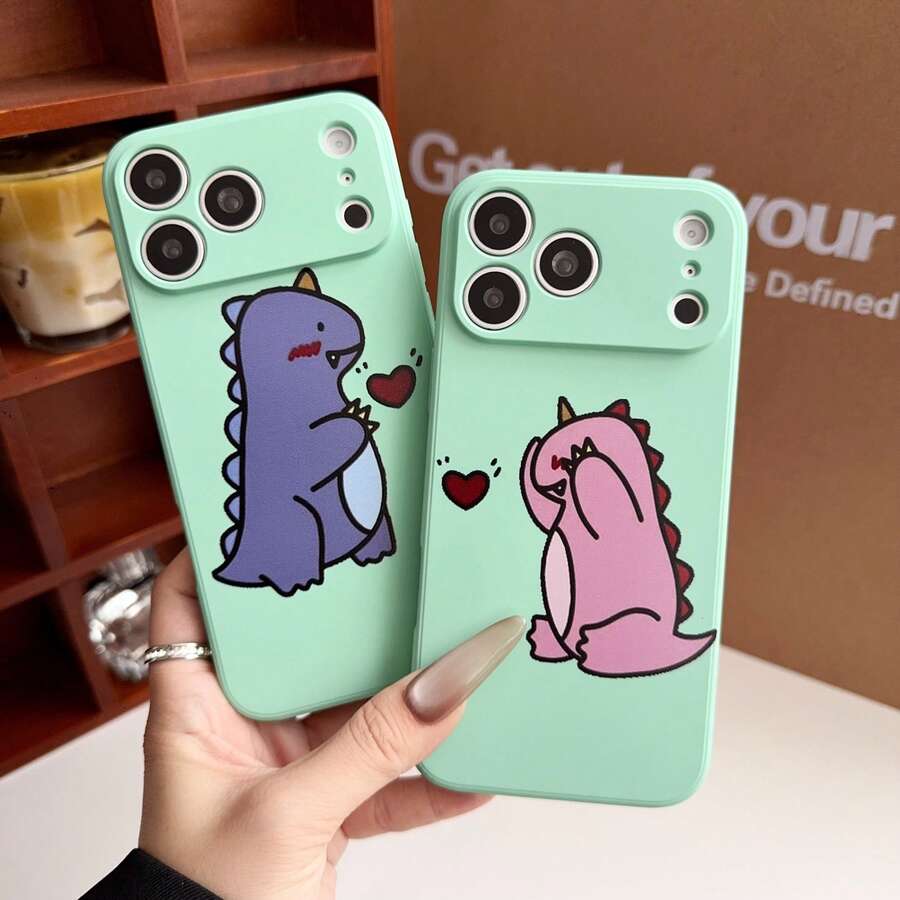 2个可爱卡通恐龙爱心图案软硅胶手机壳，防刮花，奢华喷漆工艺，防震，兼容 17 Pro Max、Galaxy 13 Pro Max、17，男女通用，送给家人、伴侣或情人节礼物